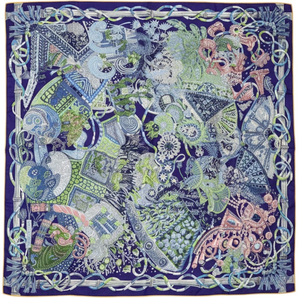 Hermes Au Fil du Carre Cashmere Silk Shawl 55in Purple Blue Green VGUC w/ Box